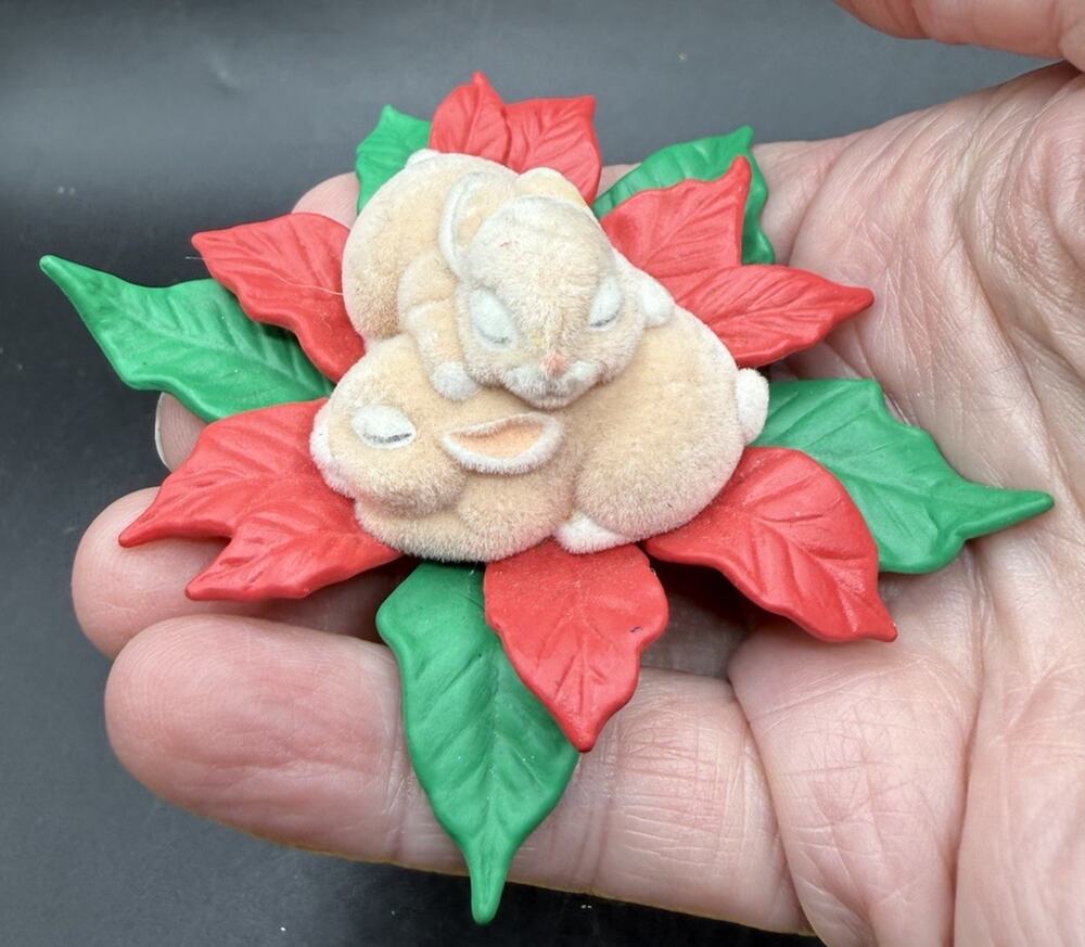 Hallmark GENTLE DREAMERS Bunnies In Poinsettia Signed! Christmas Ornament -LO31